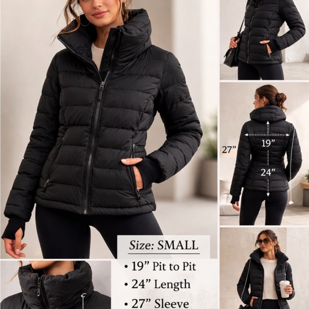 Athleta Black Goose Down Puffer Jacket Funnel Neck Thumbhole Sleeves